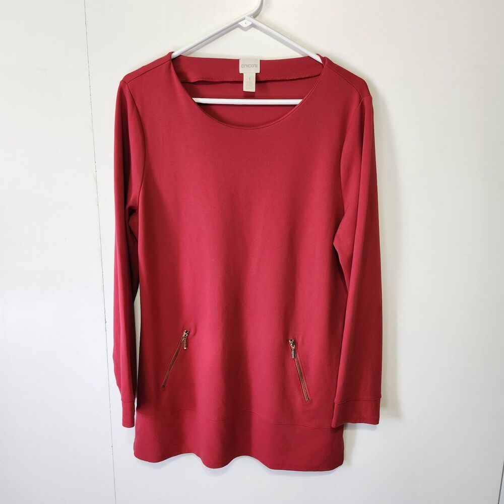 Chico’s Red Tunic Top Gold Zipper Long Sleeve Women’s Size 1 (8) Preppy Posh